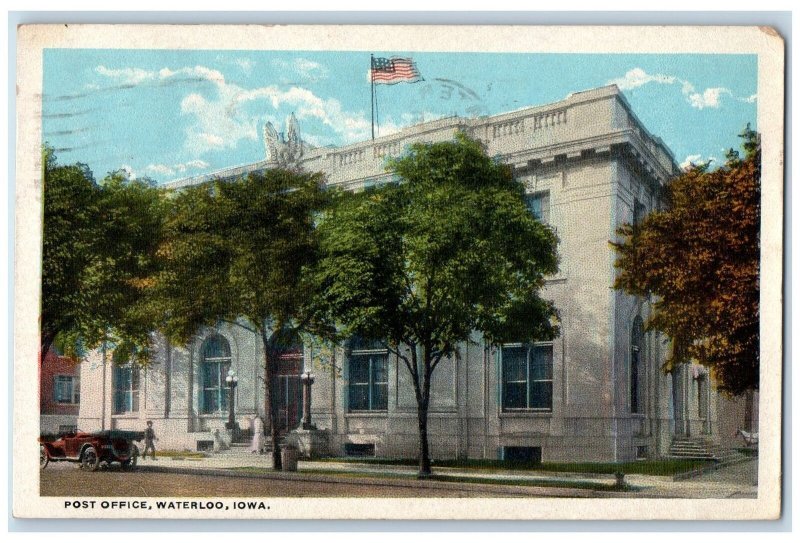 1922 Post Office Building Entrance Classic Car Flag Waterloo Iowa IA Postcard