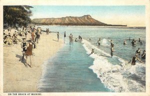 Honolulu, Hawaii WAIKIKI BEACH Diamond Head Bathers c1920s Vintage Postcard