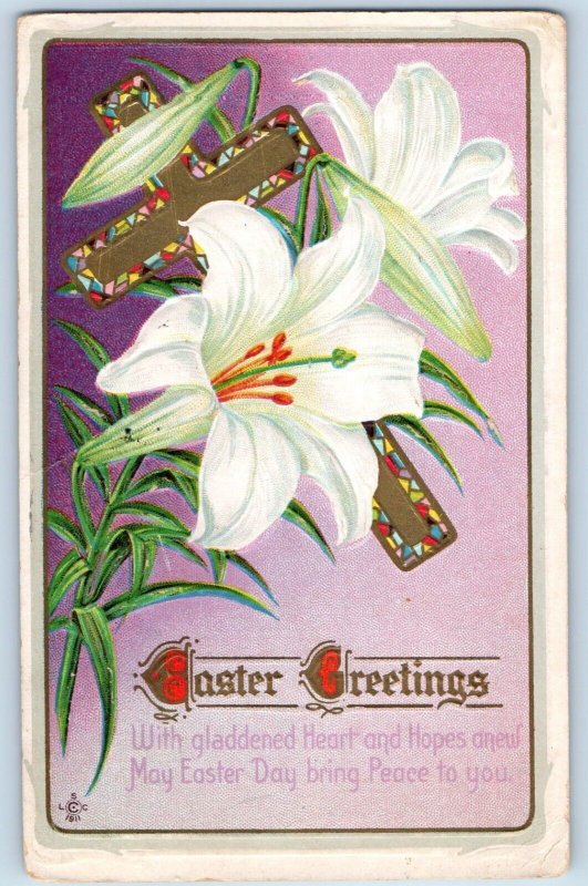 Baltimore Maryland MD Postcard Easter Greetings Holy Cross Lily Flowers Embossed