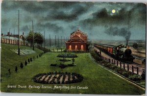 Postcard ON Hamilton Grand Trunk Railway System Station Moonlight ~1910 K65