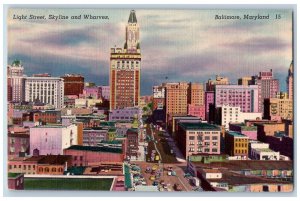 Baltimore Maryland MD Postcard Light Street Skyline And Wharves c1940's Vintage