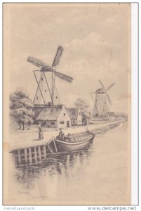 AS: L. Swinburne Sketch, Waterfront View of Windmills, 1900-10s