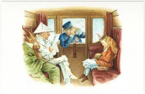 Alice in Wonderland in Train Carriage Guard with Opera-Glass Postcard