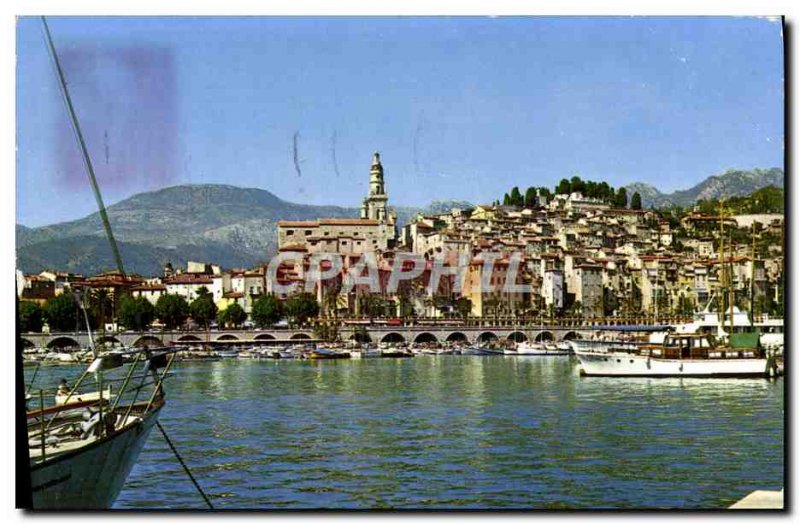 Postcard Moderne Menton A Part Of The Harbor Old Town and the Bonaparte dock