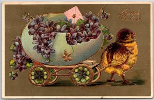 1908 Easter Greetings Violets Flowers Chick Pulling Cart Egg Posted Postcard