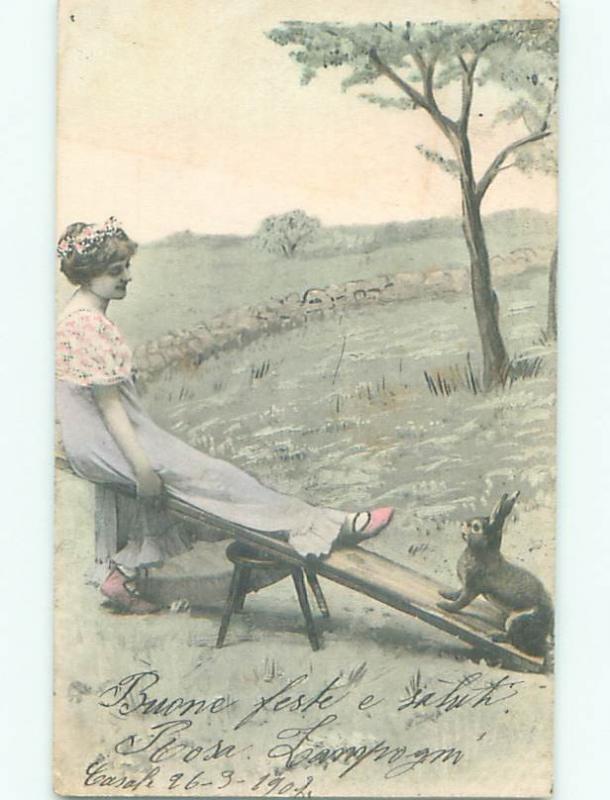 foreign 1902 Postcard EASTER BUNNY ON TEETER TOTTER AC2533