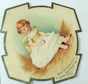 1880's-90's Die-Cut Christmas Card Adorable Child White Dress Yellow Sash &G