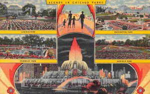 Chicago Parks Multi VIews Buckingham Fountain Illinois 1940s linen postcard