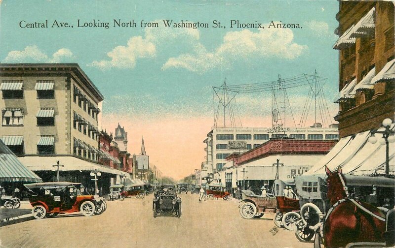 Postcard Arizona Phoenix Central Avenue Washington Street autos Boeres 23-656