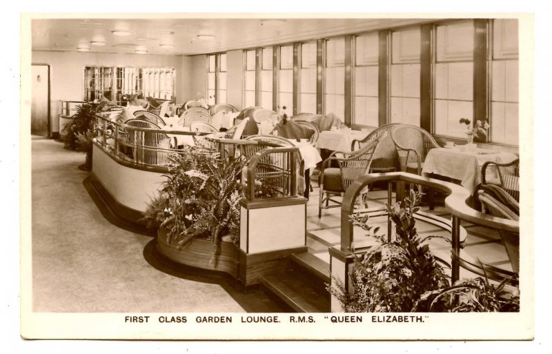 Cunard Line - RMS Queen Elizabeth, First Class Garden Lounge  *RPPC