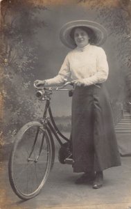 WOMAN & BICYCLE-LARGE STYLISH HAT~1910s PHOTO POSTCRD