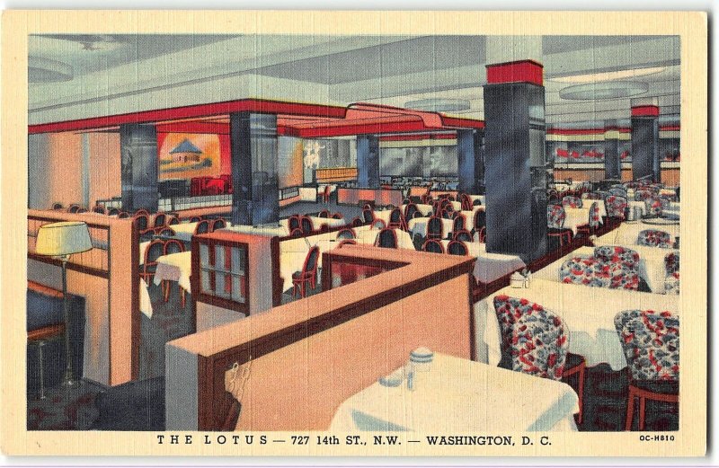 Gorgeous Linen Postcard, Interior LOTUS RESTAURANT, WASHINGTON DC - Teich, 1950