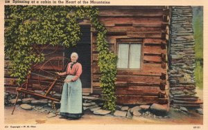 Vintage Postcard 1940 Spinning at Cabin in the Heart of the Mountains Old Woman