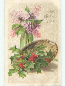 Pre-Linen new year HOLLY IN WICKER BASKET WITH GREEN RIBBON AND FLOWERS k5226