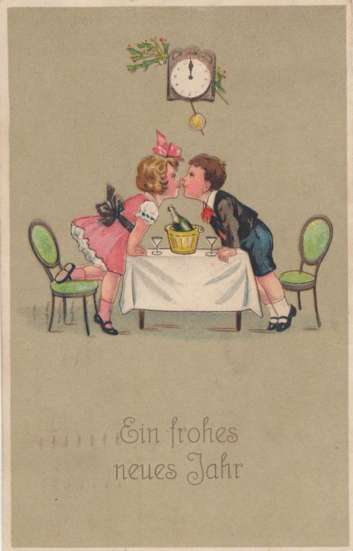 Happy New Year Swiss Children Romance Under Clock Postcard