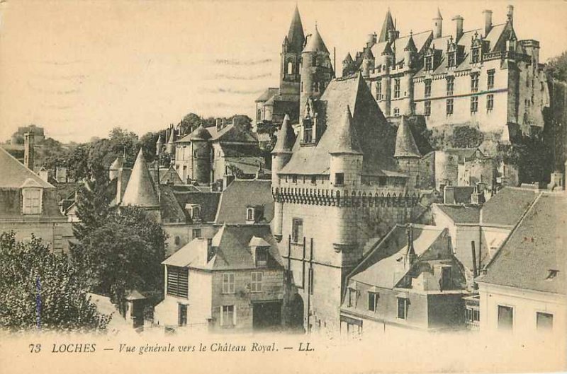 Old Postcard Loches General view towards the royal castle Censor Censorship A...