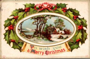 Christmas Wishes With Landscape Scene and Holly 1911