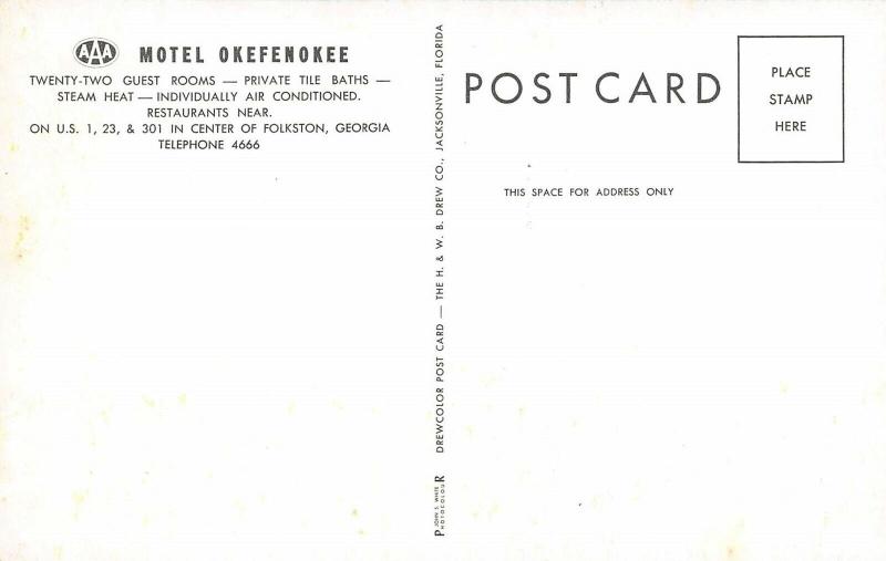 Folkstone Georgia 1950s Postcard Motel Okefenokee