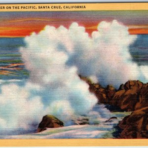 c1930s Santa Cruz CA Giant Breakers Waves Sunset Linen PC Beautiful Horizon A290