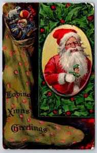 Christmas Stocking Full Of Toys~Santa Holds Jester~Holly Berry~Emboss Horwitz
