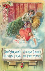 SB Embossed Valentine Postcard S.316 Lady Sends Loving Thought & Heart to Mend