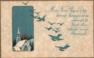 Vintage Postcard 1910's May New Years Day bring Happiness Birds & Church