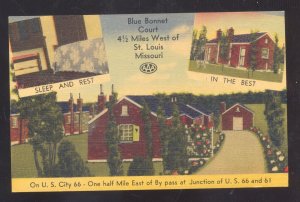 ST. LOUIS MISSOURI ROUTE 66 BLUE BONNET COURT LINEN ADVERTISING POSTCARD MO.