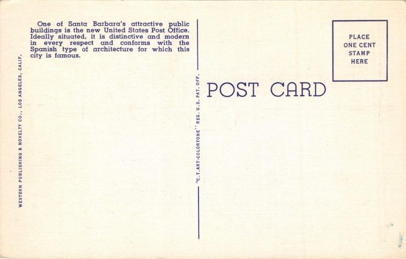 SANTA BARBARA CALIFORNIA-BEAUTIFUL POST OFFICE POSTCARD 1940