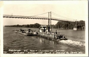 RPPC Mississippi River Oil Tow and Suspension Bridge, IA WI Vintage Postcard F09