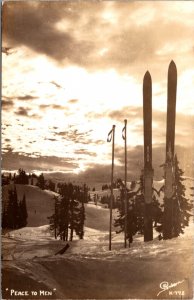 Sanborn Real Photo Postcard Skis & Poles Stuck in Snow of Mountain Peace to Men