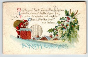 Santa Claus Christmas Postcard Roof Top Chimney Moon Holly Leaves Embossed 1916