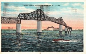 Vintage Postcard 1937 Cooper River Bridge Double Cantilever Span Charleston SC