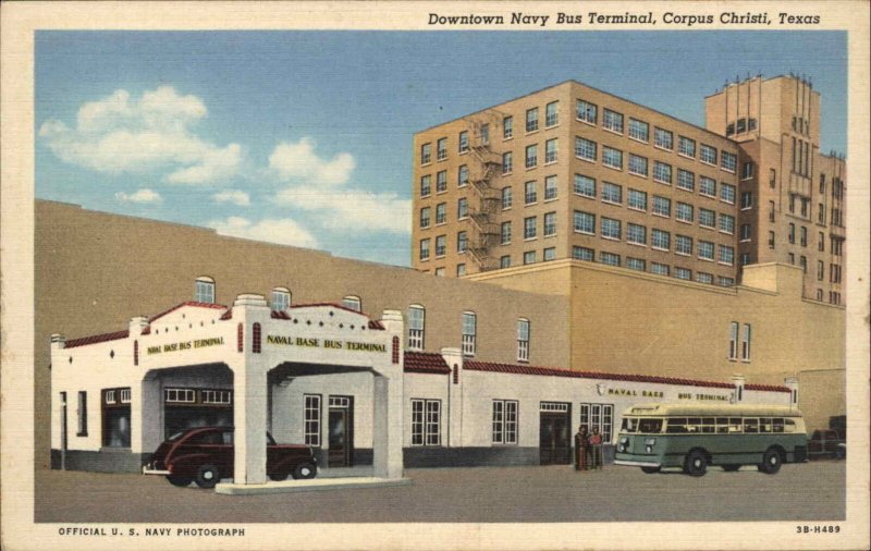 Corpus Christi Texas TX Navy Bus Terminal Buses Linen Vintage Postcard