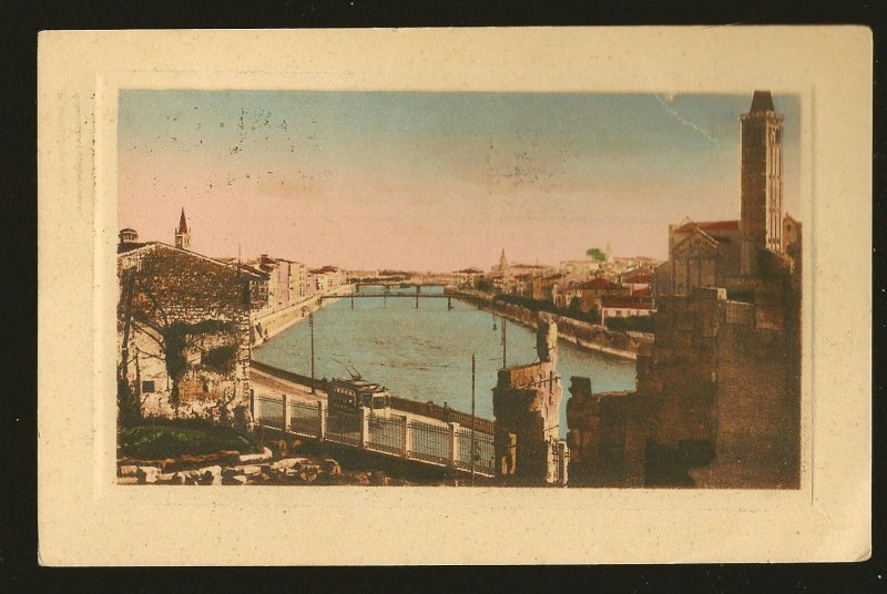 Italy Postmarked 1927 Verona Canal Panorama Color Postcard