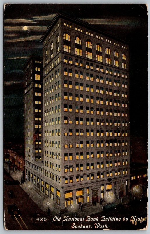 Spokane Washington 1919 Postcard The Old National Bank Building by Night