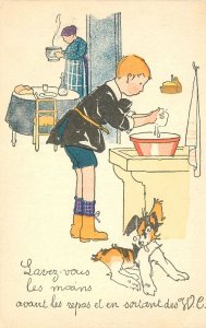 Postcard 1920s Boy dog washing hands Mother Artist Humor artist  23-994
