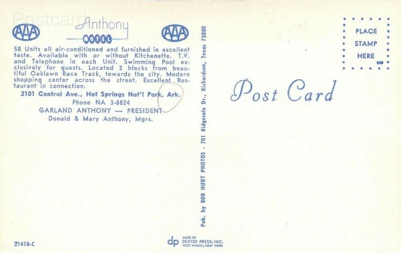 AR, Hot Springs, Arkansas, Anthony Motel, Dexter Press No. 21418-C