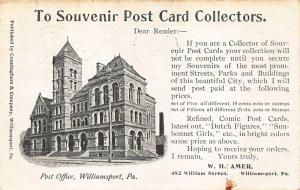 Williamsport PA To Souvenir Post Card Collectors Advertising Postcard Publisher