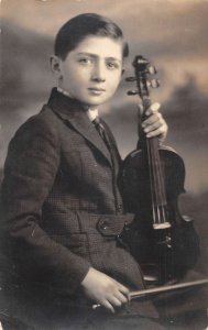 Boy with Violin Real Photo Vintage Postcard AA50036