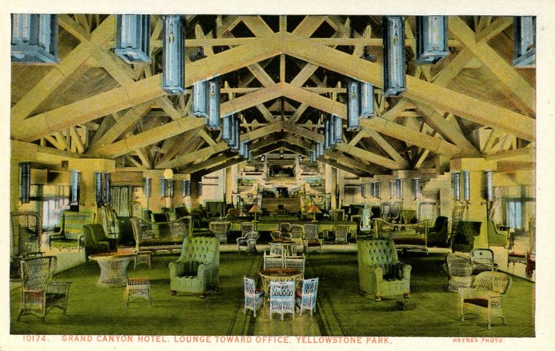 WY - Yellowstone National Park. Grand Canyon Hotel, Lounge toward Office   (H...