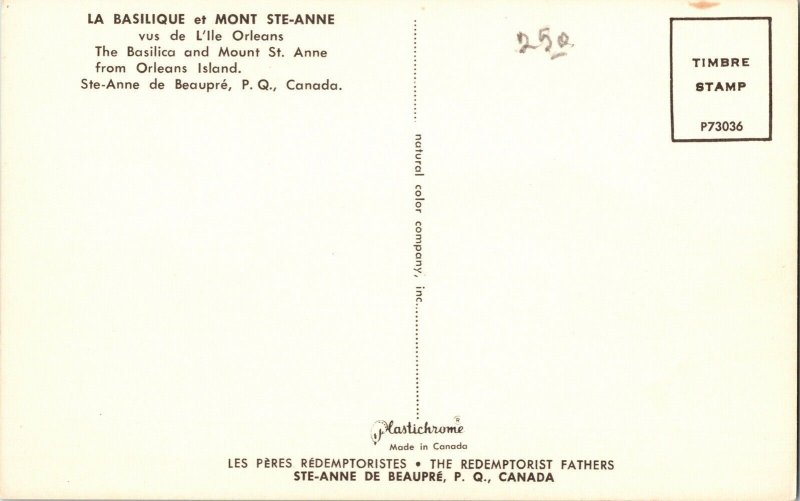 La Basilique Mont Ste Anne Orleans Mount St. Anne Island PQ Canada Postcard Vtg 