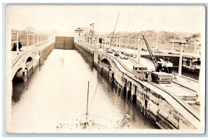 c1920's Locks Ship Workers Equiptment Panama Canal RPPC Photo Postcard 