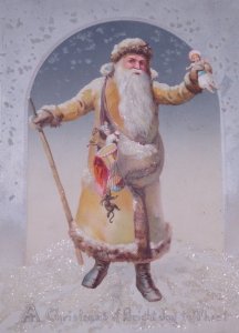 1890s Santa Yellow Robe Mica Robin Die Cut Fold Out Victorian Christmas Card