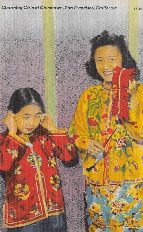 Charming Girls of Chinatown San Francisco Firecrackers c1940s Vintage Postcard