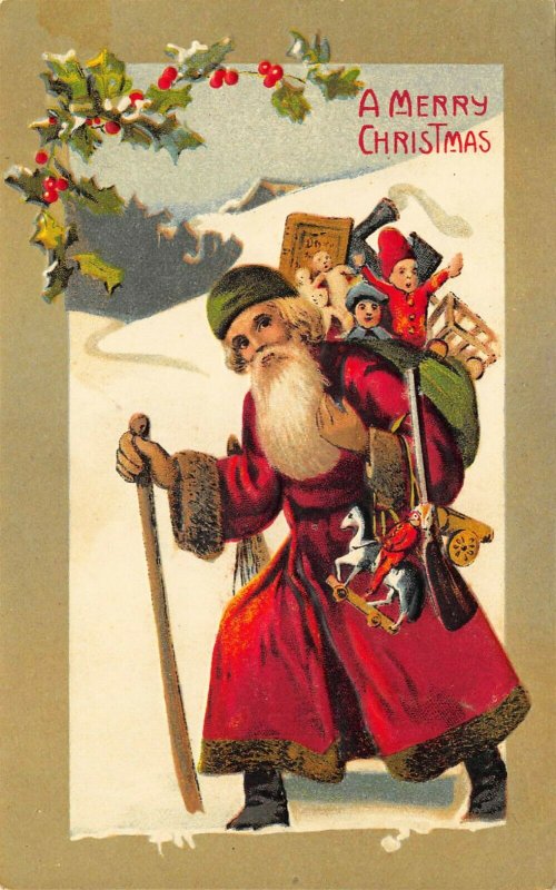 Red Suited Santa Claus Merry Christmas Bag of Toys Green Border Postcard