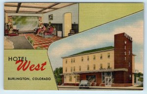 BURLINGTON, CO Colorado  HOTEL WEST  Roadside c1940s Car Roadside Linen Postcard