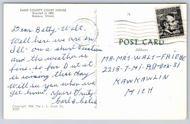 Geneva Illinois~Kane County Court House Street View~PM 1967~Vintage Postcard