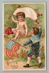 Patriotic Valentine Flag Cupid Cute Angel Gold Embossed Love's Token Postcard 