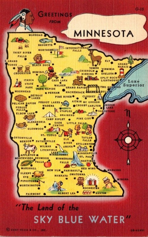 Minnesota Greetings With Map From The Land Of The Sky Blue Water Curteich