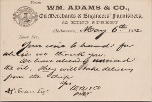 1892 Melbourne NZ WM Adams & Co Oil Merchants & Engineers Duplex Postcard E86